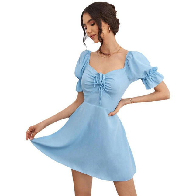 Women's Puff Short Sleeve Sweetheart Neck Short Dress A Line Flowy Mini Dress