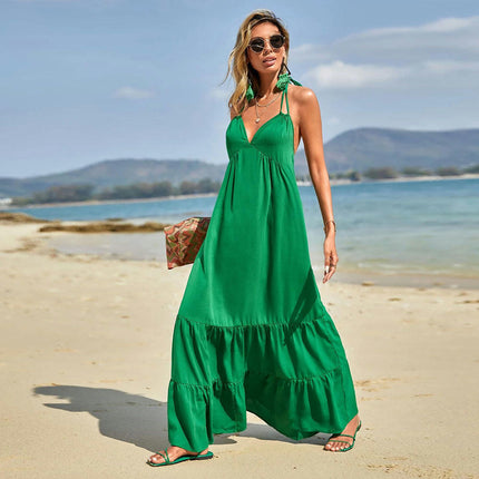 Women's Halter V Neck Sleeveless Backless Maxi Dresses Tiered Ruffle Flowy Long Dress