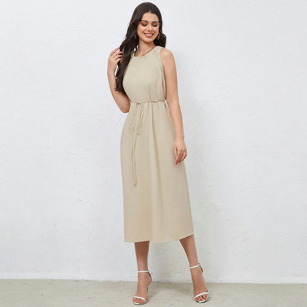 Women Crew Neck Tie Waist Midi Dress Sleeveless A Line Summer Casual Beach Dresses