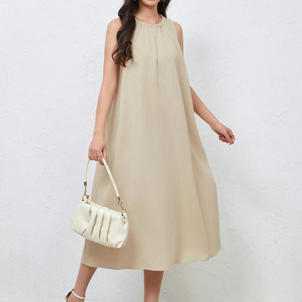 Women Crew Neck Tie Waist Midi Dress Sleeveless A Line Summer Casual Beach Dresses