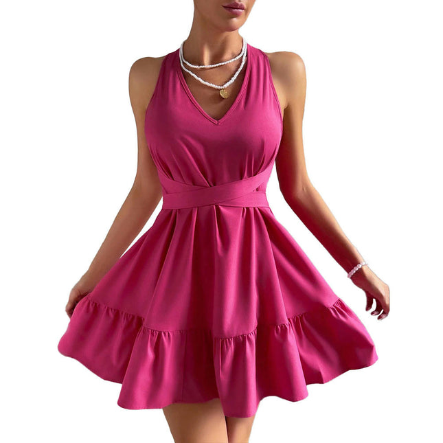 Women's Sexy Sleeveless Halter V Neck Backless Tie Back Ruffled Flowy Mini Dress