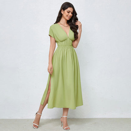 Women's Summer Short Sleeve V Neck Dress Boho Split A Line Flowy Midi Dresses