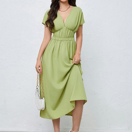 Women's Summer Short Sleeve V Neck Dress Boho Split A Line Flowy Midi Dresses