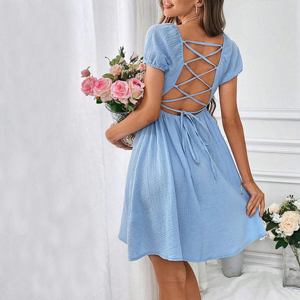 Women's Backless Square Neck Short Sleeve Casual Dresses Summer A Line Flowy Mini Dress