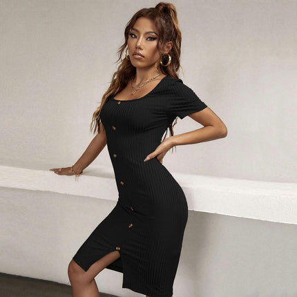 Women's Short Sleeves Square Neck Button Midi Dress Bodycon Split Casual Dress