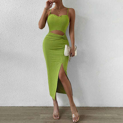 Womens Sexy Summer Spaghetti Strap Sleeveless Cut Out Split Bodycon Club Cocktail Party Midi Dress