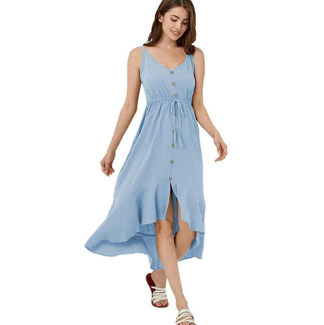 Women Summer Dresses Spaghetti Strap Button V Neck Sleeveless Ruffled Flowy A Line Midi Dress