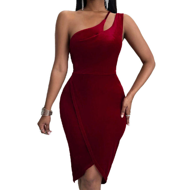 Women's One Shoulder Sleeveless Ruched Slit Velvet Bodycon Cocktail Party Midi Dress