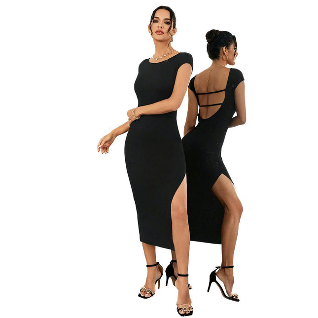 Women's Short Sleeve Crew Neck Midi Dress Backless Bodycon Slit Cocktail Party Dress