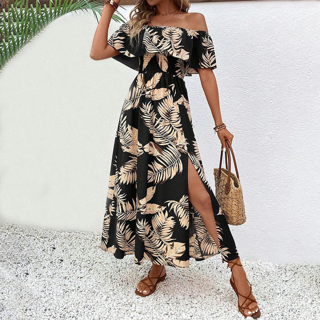 Women's Summer Casual Off The Shoulder Boho Floral Maxi Dress Smocked Split Flowy Long Dresses