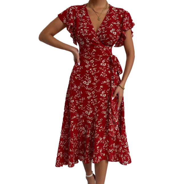 Women's Short Sleeve Wrap V Neck Midi Dress Summer A Line Flowy Floral Dresses