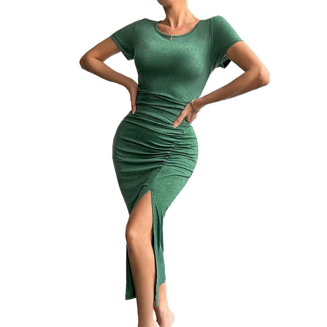 Women's Ruched Midi Dress Crew Neck Short Sleeve Slit Bodycon Summer Dresses