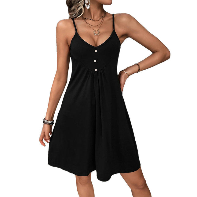 Women's Casual Summer Dresses A-Line Spaghetti Strap Button V Neck Mini Sundress