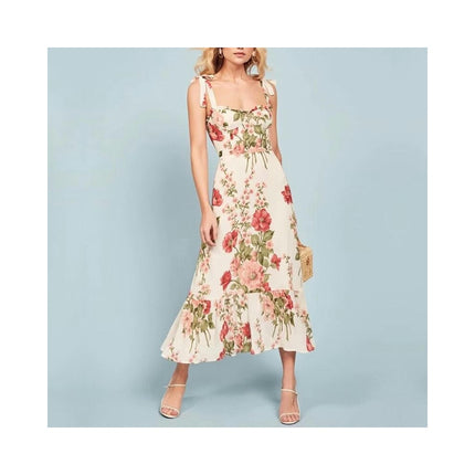 Women's Summer Boho Dress Floral Print Tie Strap Square Neck Maxi Beach Dresses