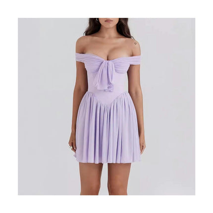 Women Tulle Dress Short Sleeve Off Shoulder Summer A-Line Mini Dresses