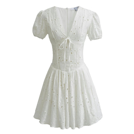 Women Eyelet Embroidery Mini Dress Puff Sleeve Deep V Neck Summer Dress