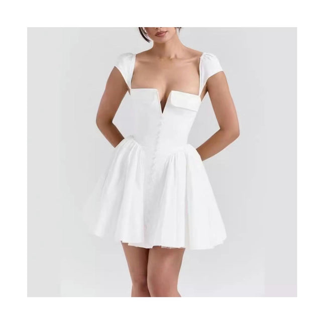 Women's Deep V Neck Cap Sleeve Dress Sexy High Waist A-Line Ruffle Mini Dress