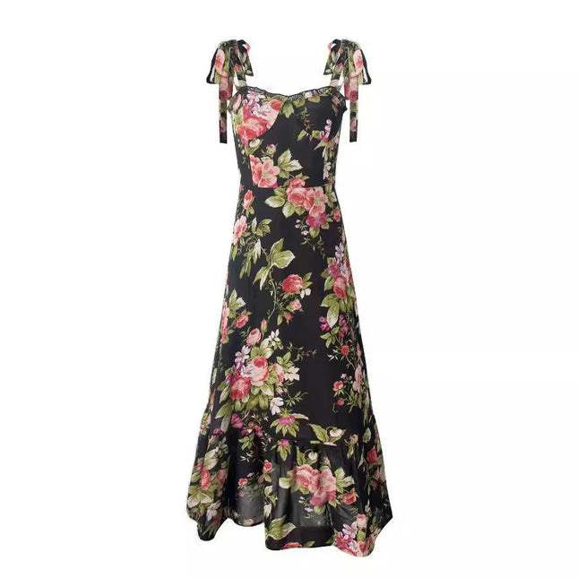 Women Summer Sleeveless Dress Causal Boho Tie Strap Floral Midi Dresses