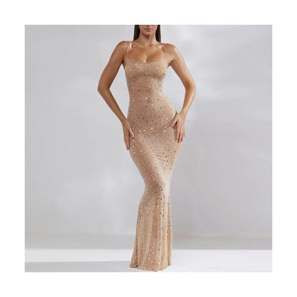 Women's Sexy Bodycon Spaghetti Strap Rhinestone Clubwear Maxi Dress