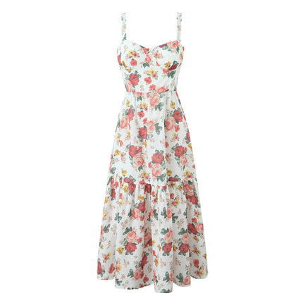 Women's Summer Floral Spaghetti Strap Midi Dress Corset Ruffled Flowy Sundress