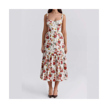 Women's Summer Floral Spaghetti Strap Midi Dress Corset Ruffled Flowy Sundress