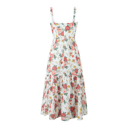 Women's Summer Floral Spaghetti Strap Midi Dress Corset Ruffled Flowy Sundress