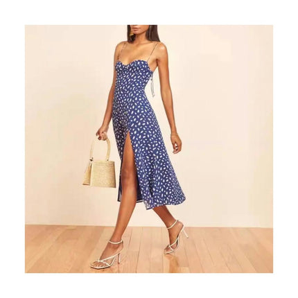 Women's Summer Split Thigh Spaghetti Strap Sleeveless Midi Floral Dress