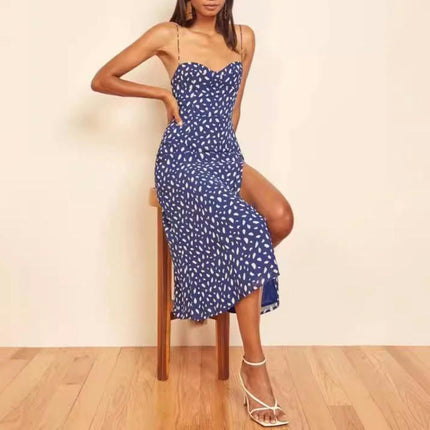 Women's Summer Split Thigh Spaghetti Strap Sleeveless Midi Floral Dress