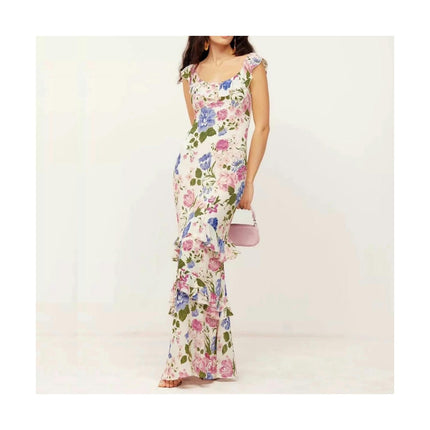 Women's Summer Floral Maxi Dress Casual Sleeveless Ruffled Bodycon Dresses