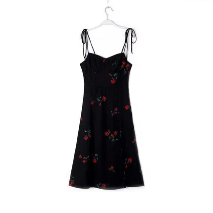 Women Bodycon Midi Dress Floral Tie Strap Sleeveless Split Summer Dresses