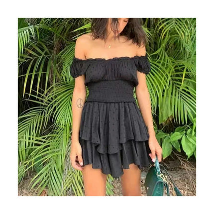 Womens Summer Tube Top Dress Off-Shoulder Ruffled Flowy Mini Short Dresses