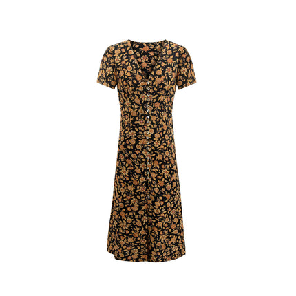 Women's Floral Short Sleeve Dress V Neck Button Down Midi Dresses