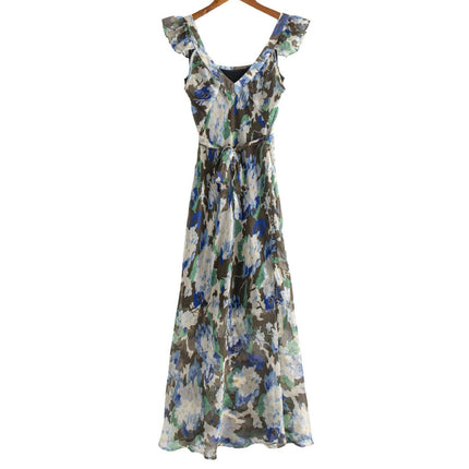 Women's Casual Summer Sleeveless Dress Floral Ruffle Strap Bodycon Maxi Dresses