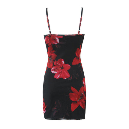 Women Sexy Floral Bodycon Mini Dress Spaghetti Strap Sleeveless Summer Dress