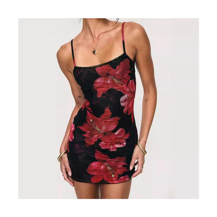 Women Sexy Floral Bodycon Mini Dress Spaghetti Strap Sleeveless Summer Dress