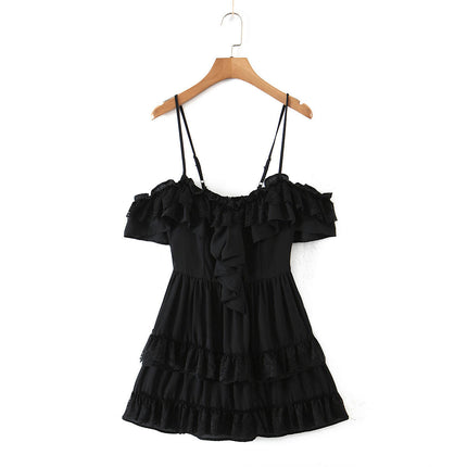 Women's Summer Dress Casual Spaghetti Strap Lace Ruffled Hem Mini Dresses