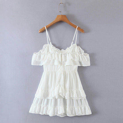 Women's Summer Dress Casual Spaghetti Strap Lace Ruffled Hem Mini Dresses