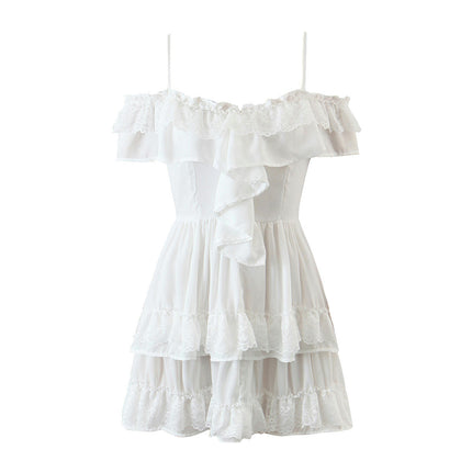 Women's Summer Dress Casual Spaghetti Strap Lace Ruffled Hem Mini Dresses