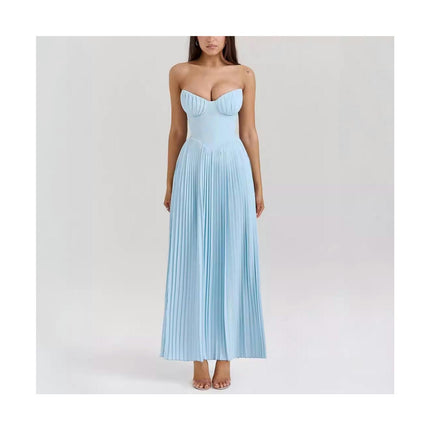 Women Strapless Tube Maxi Dress Sleeveless Summer Off Shoulder Flowy Pleated Dress