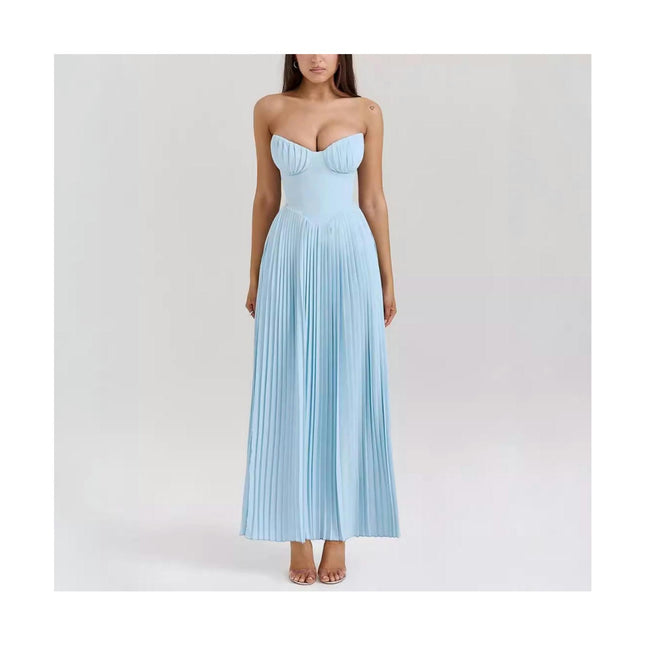 Women Strapless Tube Maxi Dress Sleeveless Summer Off Shoulder Flowy Pleated Dress