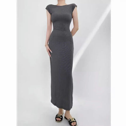 Women's Short Sleeve Midi Dress Round Neck Backless Bodycon Summer Dresses