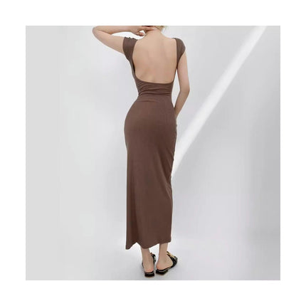 Women's Short Sleeve Midi Dress Round Neck Backless Bodycon Summer Dresses