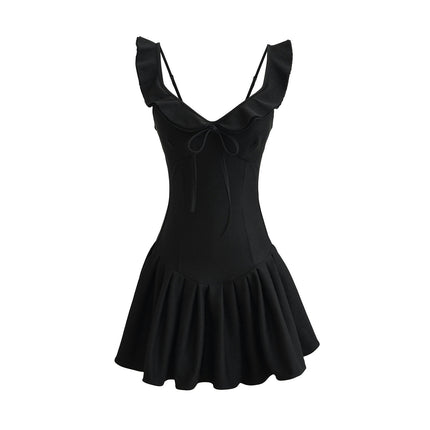 Women's Sleeveless Ruffle Strap V Neck Mini Dress Pleated A-Line Dresses