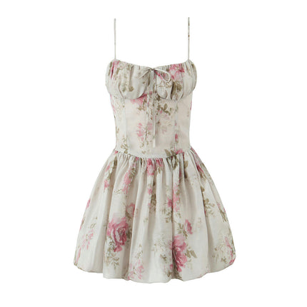 Women's Floral Mini Cami Dress Ruched Tie Front Spaghetti Strap Short A line Dresses