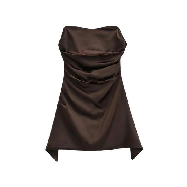 Women's Satin Strapless Tube Dress Sleeveless Ruched Off Shoulder Bodycon Mini Dress