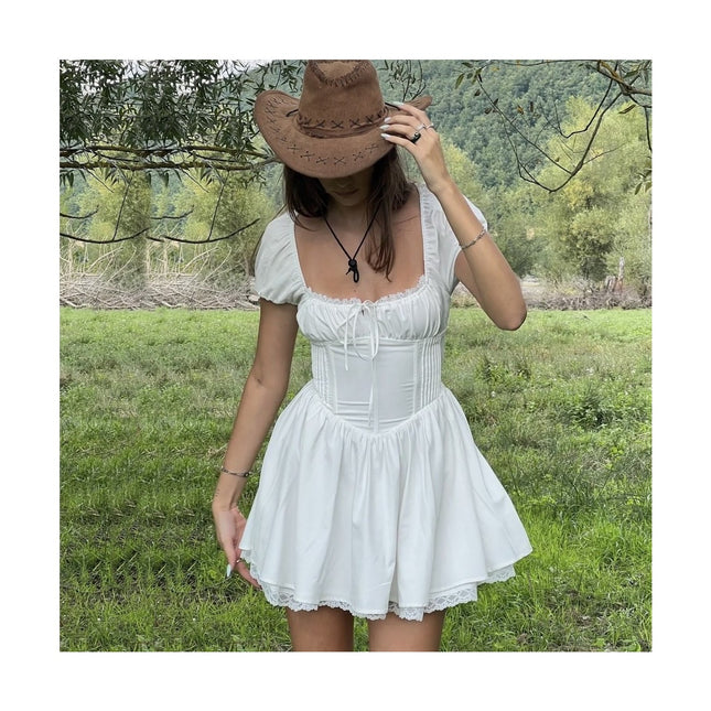 Women Summer Short Sleeve Mini Dress Lace Square Neck A Line Ruffle Short Dress