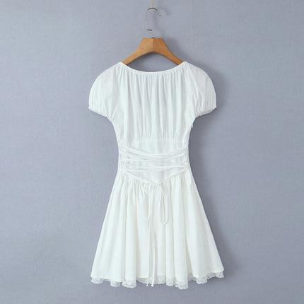 Women Summer Short Sleeve Mini Dress Lace Square Neck A Line Ruffle Short Dress