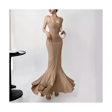 Womens Summer Ribbed Maxi Dresses Spaghetti Strap Bodycon Backless Dress