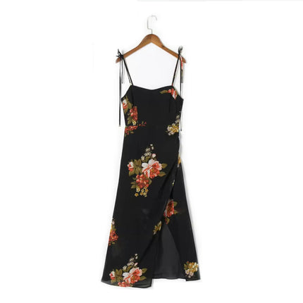 Women Floral Spaghetti Strap Midi Dress Sweetheart Neck Backless Split Summer Dress