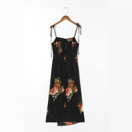 Women Floral Spaghetti Strap Midi Dress Sweetheart Neck Backless Split Summer Dress